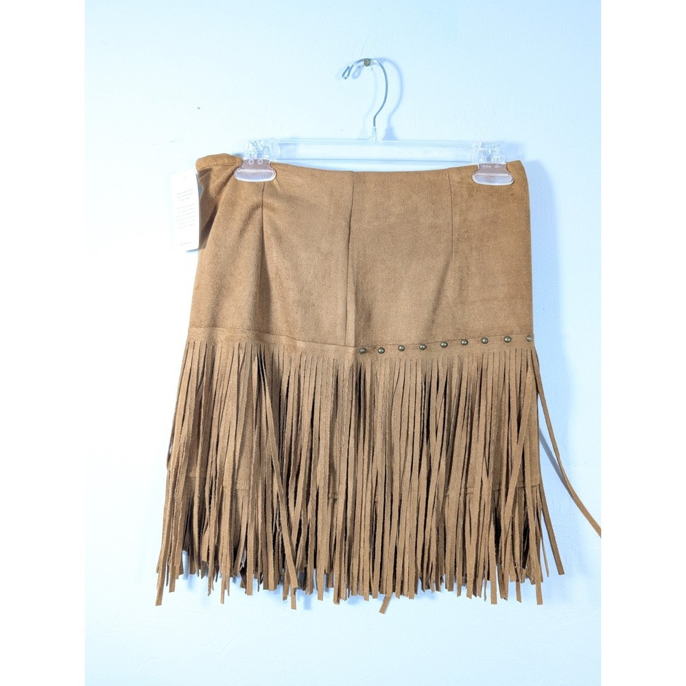 FORNIA M/L Faux Suede Fringe Mini Skirt Brown Boho Hippie Western Festival New